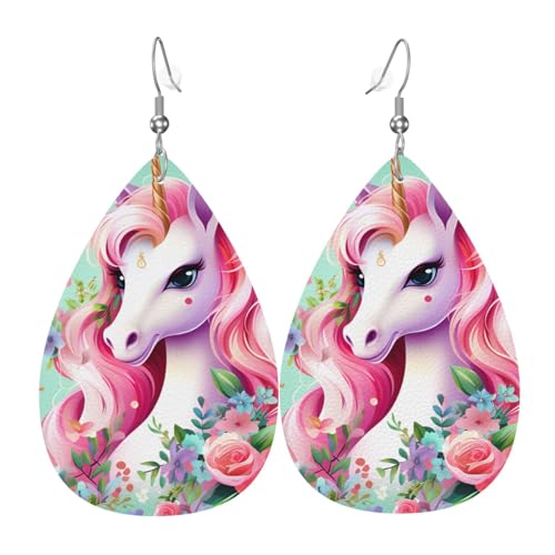 Leder-Tropfen-Ohrringe für Damen, rosa Einhorn-Druck, leicht, baumelnde Ohrringe, Modeschmuck, Geschenk von LiuMng