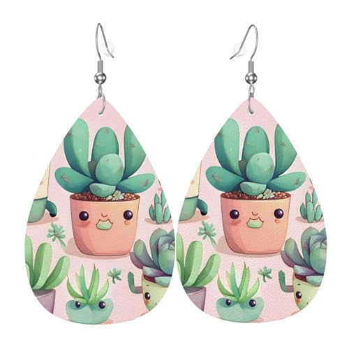 Leder-Tropfen-Ohrringe für Damen, schöner Sukkulenten-Druck, leicht, hängende Ohrringe, Modeschmuck, Geschenk von LiuMng
