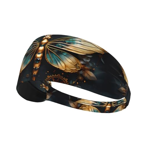 LiuMng Breite Stirnbänder für Damen und Herren – goldfarbene zarte Libellen-Blumen-Druck-Kopft/elastische Sport-Haarbänder, für Workout, Laufen LiuMng Breite Stirnbänder für Damen und Herren – goldfarbene zarte Libellen-Blumen-Druck-Kopft/elastische Sport-Haarbänder, für Workout, Laufen von LiuMng