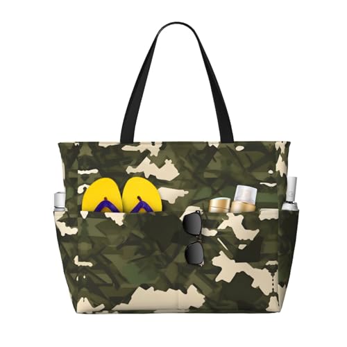 LiuMng Strandtasche mit großem Fassungsvermögen, bedruckt, wasserdicht, Armee-Camouflage, mehrere Taschen, Tragetasche für Urlaub, Fitnessstudio, Damen, Schwarz, Einheitsgröße von LiuMng