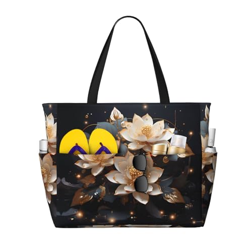 LiuMng Strandtasche mit großem Fassungsvermögen, bedruckt, wasserdicht, Bohemian-Stil, goldener Lotus, Tragetasche mit mehreren Taschen für Urlaub, Fitnessstudio, Damen von LiuMng