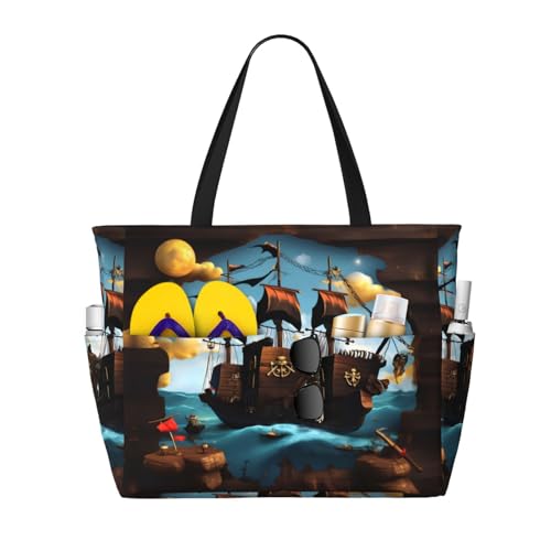 LiuMng Strandtasche mit großem Fassungsvermögen, bedruckt, wasserdicht, Cartoon-Piratenschiff, Tragetasche mit mehreren Taschen, für Urlaub, Fitnessstudio, Damen, Schwarz, Einheitsgröße LiuMng Strandtasche mit großem Fassungsvermögen, bedruckt, wasserdicht, Cartoon-Piratenschiff, Tragetasche mit mehreren Taschen, für Urlaub, Fitnessstudio, Damen, Schwarz, Einheitsgröße von LiuMng
