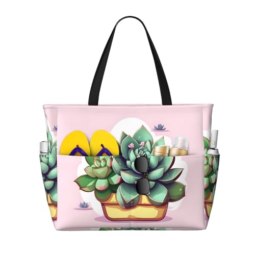 LiuMng Strandtasche mit großem Fassungsvermögen, bedruckt, wasserdicht, Cartoon-Sukkulenten, mehrere Taschen, Tragetasche für Urlaub, Fitnessstudio, Damen von LiuMng