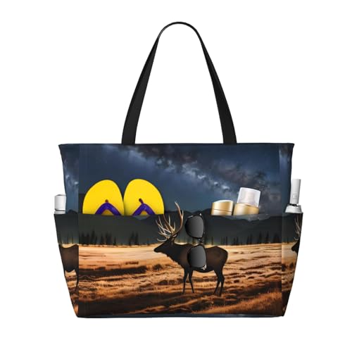 LiuMng Strandtasche mit großem Fassungsvermögen, bedruckt, wasserdicht, Elch auf der Wiese, Tragetasche mit mehreren Taschen für Urlaub, Fitnessstudio, Damen LiuMng Strandtasche mit großem Fassungsvermögen, bedruckt, wasserdicht, Elch auf der Wiese, Tragetasche mit mehreren Taschen für Urlaub, Fitnessstudio, Damen von LiuMng