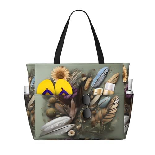 LiuMng Strandtasche mit großem Fassungsvermögen, bedruckt, wasserdicht, Federblumen, mehrere Taschen, Tragetasche für Urlaub, Fitnessstudio, Damen, Schwarz, Einheitsgröße von LiuMng