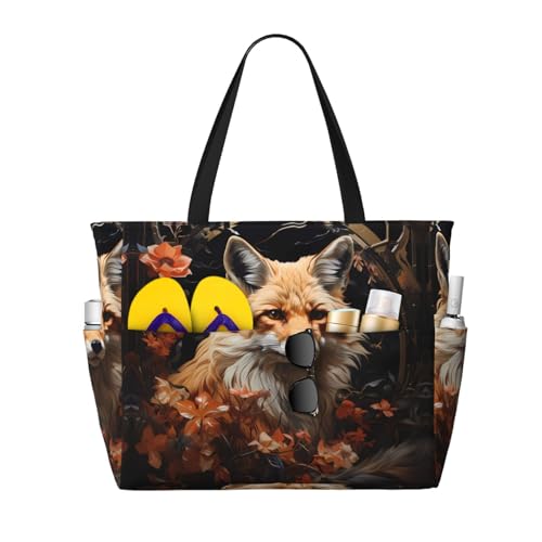 LiuMng Strandtasche mit großem Fassungsvermögen, bedruckt, wasserdicht, Fuchs und Blumen, Tragetasche mit mehreren Taschen für Urlaub, Fitnessstudio, Damen LiuMng Strandtasche mit großem Fassungsvermögen, bedruckt, wasserdicht, Fuchs und Blumen, Tragetasche mit mehreren Taschen für Urlaub, Fitnessstudio, Damen von LiuMng