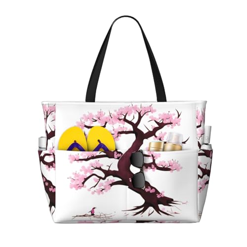 LiuMng Strandtasche mit großem Fassungsvermögen, bedruckt, wasserdicht, Kirschblütenbaum, Tragetasche mit mehreren Taschen, für Urlaub, Fitnessstudio, Damen, Schwarz, Einheitsgröße von LiuMng