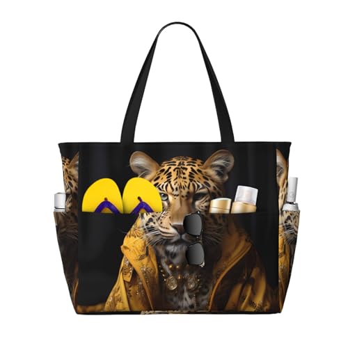 LiuMng Strandtasche mit großem Fassungsvermögen, bedruckt, wasserdicht, Leopardenmuster in einer Lederjacke, Tragetasche mit mehreren Taschen, für Urlaub, Fitnessstudio, Damen von LiuMng
