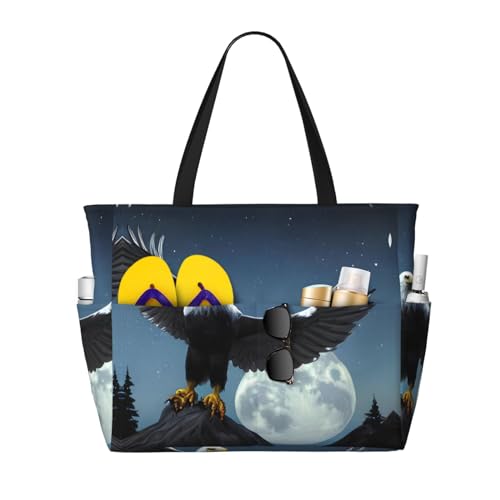 LiuMng Strandtasche mit großem Fassungsvermögen, bedruckt, wasserdicht, Motiv: Adler unter den Sternen, Tragetasche mit mehreren Taschen für Urlaub, Fitnessstudio, Damen, Schwarz, Einheitsgröße von LiuMng