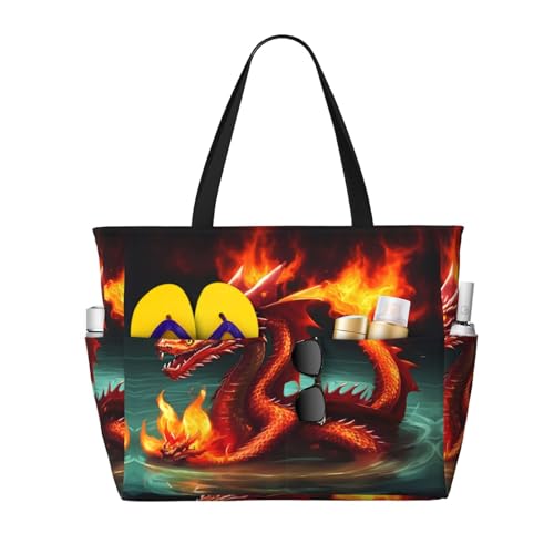 LiuMng Strandtasche mit großem Fassungsvermögen, bedruckt, wasserdicht, Motiv: Drachenkönig im Feuer, Tragetasche mit mehreren Taschen, für Urlaub, Fitnessstudio, Damen, Schwarz, Einheitsgröße von LiuMng