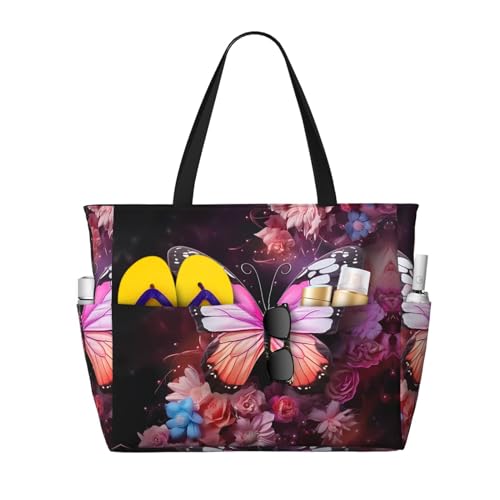LiuMng Strandtasche mit großem Fassungsvermögen, bedruckt, wasserdicht, Motiv: Schmetterlinge und Blumen, Tragetasche mit mehreren Taschen für Urlaub, Fitnessstudio, Damen LiuMng Strandtasche mit großem Fassungsvermögen, bedruckt, wasserdicht, Motiv: Schmetterlinge und Blumen, Tragetasche mit mehreren Taschen für Urlaub, Fitnessstudio, Damen von LiuMng