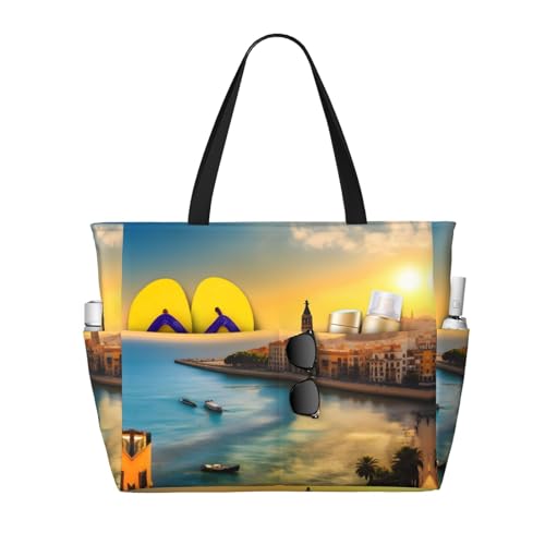 LiuMng Strandtasche mit großem Fassungsvermögen, bedruckt, wasserdicht, Motiv: Sonnenuntergang in Barcelona, Tragetasche mit mehreren Taschen für Urlaub, Fitnessstudio, Damen LiuMng Strandtasche mit großem Fassungsvermögen, bedruckt, wasserdicht, Motiv: Sonnenuntergang in Barcelona, Tragetasche mit mehreren Taschen für Urlaub, Fitnessstudio, Damen von LiuMng