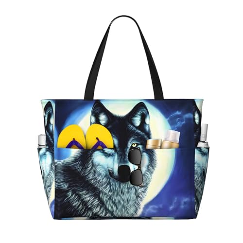 LiuMng Strandtasche mit großem Fassungsvermögen, bedruckt, wasserdicht, Motiv: Wolf unter dem Mond, mehrere Taschen, Tragetasche für Urlaub, Fitnessstudio, Damen LiuMng Strandtasche mit großem Fassungsvermögen, bedruckt, wasserdicht, Motiv: Wolf unter dem Mond, mehrere Taschen, Tragetasche für Urlaub, Fitnessstudio, Damen von LiuMng