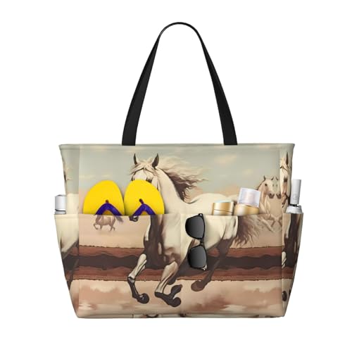 LiuMng Strandtasche mit großem Fassungsvermögen, bedruckt, wasserdicht, Motiv: tanzendes weißes Pferd, mehrere Taschen, Tragetasche für Urlaub, Fitnessstudio, Damen, Schwarz, Einheitsgröße von LiuMng