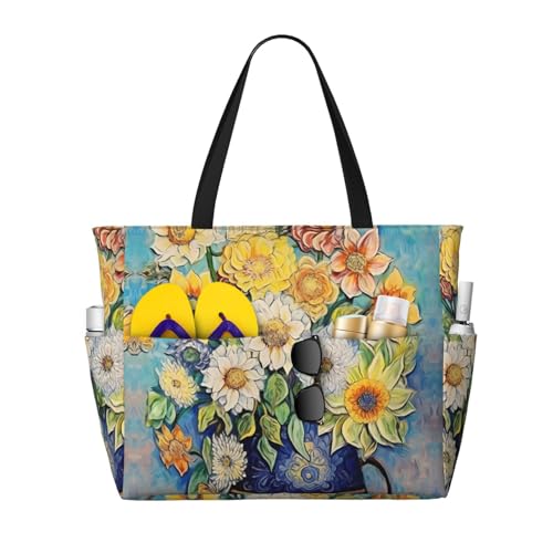 LiuMng Strandtasche mit großem Fassungsvermögen, bedruckt, wasserdicht, Öl auf Leinwand, Blumen, Tragetasche mit mehreren Taschen, für Urlaub, Fitnessstudio, Damen, Schwarz, Einheitsgröße LiuMng Strandtasche mit großem Fassungsvermögen, bedruckt, wasserdicht, Öl auf Leinwand, Blumen, Tragetasche mit mehreren Taschen, für Urlaub, Fitnessstudio, Damen, Schwarz, Einheitsgröße von LiuMng