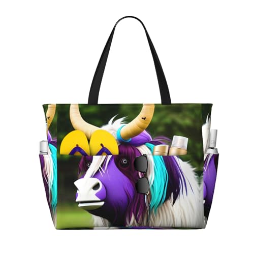 LiuMng Strandtasche mit großem Fassungsvermögen, bedruckt, wasserdicht, Reisetasche, bunt, Kuhkopf, mehrere Taschen, Tragetasche für Urlaub, Fitnessstudio, Damen von LiuMng
