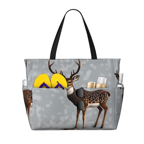 LiuMng Strandtasche mit großem Fassungsvermögen, bedruckt, wasserdicht, Reisetasche, graues Pflaumenhirsch, mehrere Taschen, Tragetasche für Urlaub, Fitnessstudio, Damen von LiuMng