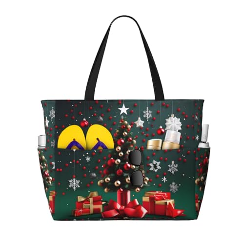 LiuMng Strandtasche mit großem Fassungsvermögen, bedruckt, wasserdicht, Reisetasche, runder Ball, Weihnachtsbaum, mehrere Taschen, Tragetasche für Urlaub, Fitnessstudio, Damen von LiuMng