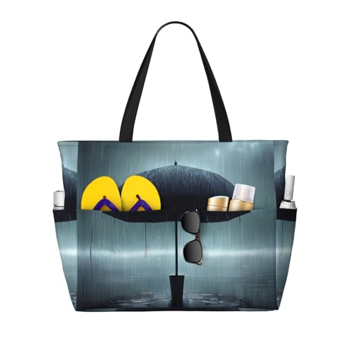 LiuMng Strandtasche mit großem Fassungsvermögen, bedruckt, wasserdicht, Reisetasche, schwarzer Regenschirm im Regen, Tragetasche mit mehreren Taschen, für Urlaub, Fitnessstudio, Damen, Schwarz von LiuMng