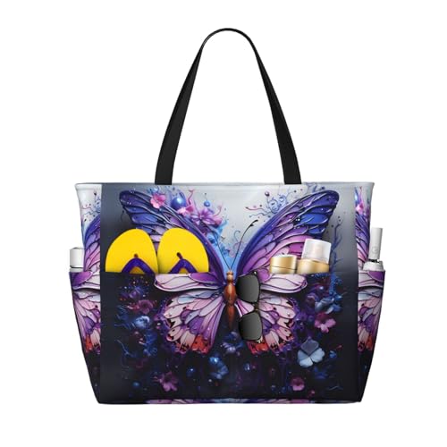LiuMng Strandtasche mit großem Fassungsvermögen, bedruckt, wasserdicht, Reisetasche, violett, Schmetterlings-Blumen, Tragetasche mit mehreren Taschen, für Urlaub, Fitnessstudio, Damen von LiuMng