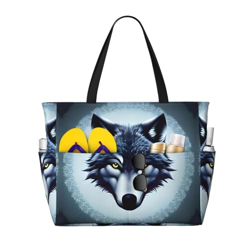 LiuMng Strandtasche mit großem Fassungsvermögen, bedruckt, wasserdicht, Reisetasche, wilder Wolfskopf, mehrere Taschen, Tragetasche für Urlaub, Fitnessstudio, Damen LiuMng Strandtasche mit großem Fassungsvermögen, bedruckt, wasserdicht, Reisetasche, wilder Wolfskopf, mehrere Taschen, Tragetasche für Urlaub, Fitnessstudio, Damen von LiuMng