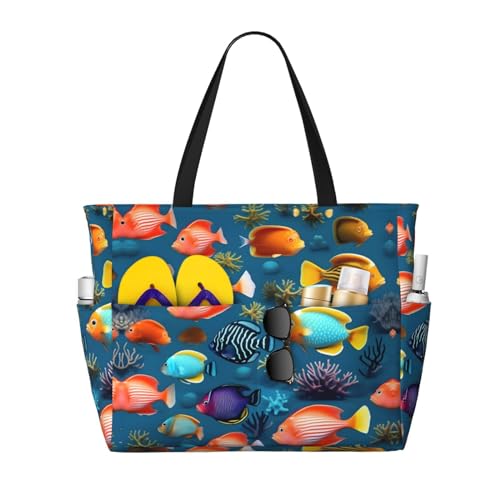 LiuMng Strandtasche mit großem Fassungsvermögen, bedruckt, wasserdicht, U-Boot-Rifffisch, Tragetasche mit mehreren Taschen, für Urlaub, Fitnessstudio, Damen, Schwarz, Einheitsgröße von LiuMng