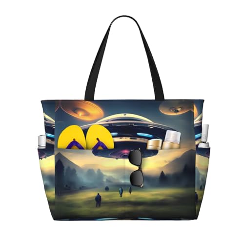 LiuMng Strandtasche mit großem Fassungsvermögen, bedruckt, wasserdicht, UFO-Landung, mehrere Taschen, Tragetasche für Urlaub, Fitnessstudio, Damen, Schwarz, Einheitsgröße LiuMng Strandtasche mit großem Fassungsvermögen, bedruckt, wasserdicht, UFO-Landung, mehrere Taschen, Tragetasche für Urlaub, Fitnessstudio, Damen, Schwarz, Einheitsgröße von LiuMng