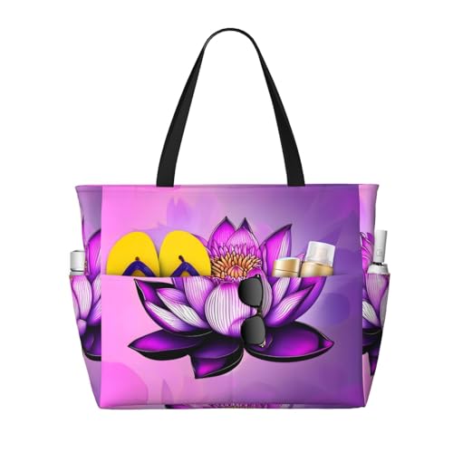 LiuMng Strandtasche mit großem Fassungsvermögen, bedruckt, wasserdicht, Violett, Lotus, Tragetasche mit mehreren Taschen für Urlaub, Fitnessstudio, Damen LiuMng Strandtasche mit großem Fassungsvermögen, bedruckt, wasserdicht, Violett, Lotus, Tragetasche mit mehreren Taschen für Urlaub, Fitnessstudio, Damen von LiuMng