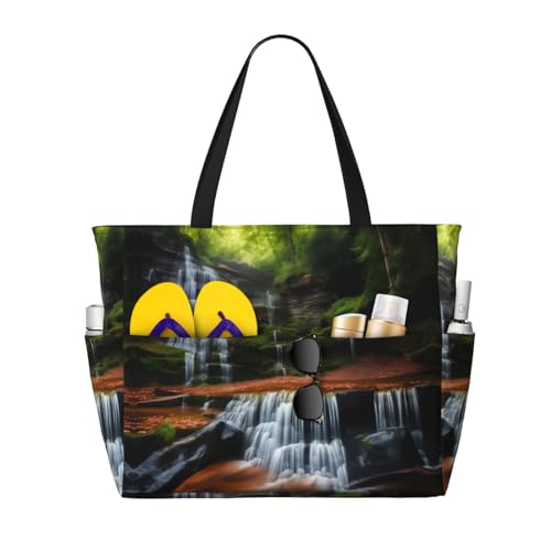 LiuMng Strandtasche mit großem Fassungsvermögen, bedruckt, wasserdicht, Wasserfall-Ansicht, mehrere Taschen, Tragetasche für Urlaub, Fitnessstudio, Damen, Schwarz, Einheitsgröße LiuMng Strandtasche mit großem Fassungsvermögen, bedruckt, wasserdicht, Wasserfall-Ansicht, mehrere Taschen, Tragetasche für Urlaub, Fitnessstudio, Damen, Schwarz, Einheitsgröße von LiuMng