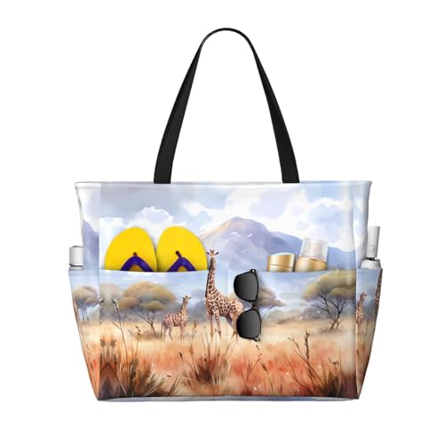 LiuMng Strandtasche mit großem Fassungsvermögen, bedruckt, wasserdicht, afrikanische Savanne, Giraffe, Tragetasche mit mehreren Taschen für Urlaub, Fitnessstudio, Damen von LiuMng