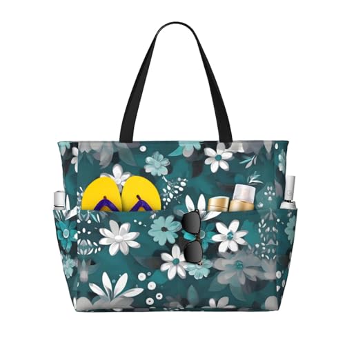 LiuMng Strandtasche mit großem Fassungsvermögen, bedruckt, wasserdicht, blaugrün, grau und weiß, Blumenmuster, Tragetasche mit mehreren Taschen, für Urlaub, Fitnessstudio, Damen LiuMng Strandtasche mit großem Fassungsvermögen, bedruckt, wasserdicht, blaugrün, grau und weiß, Blumenmuster, Tragetasche mit mehreren Taschen, für Urlaub, Fitnessstudio, Damen von LiuMng