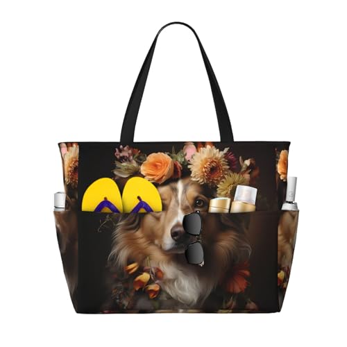 LiuMng Strandtasche mit großem Fassungsvermögen, bedruckt, wasserdicht, für Hunde, Mädchen mit Blumen, mehrere Taschen, für Urlaub, Fitnessstudio, Damen von LiuMng