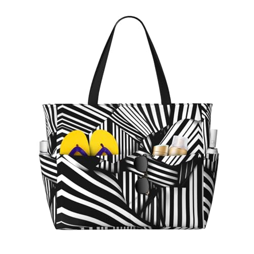 LiuMng Strandtasche mit großem Fassungsvermögen, bedruckt, wasserdicht, geometrische Linien, Tragetasche mit mehreren Taschen, für Urlaub, Fitnessstudio, Damen, Schwarz, Einheitsgröße LiuMng Strandtasche mit großem Fassungsvermögen, bedruckt, wasserdicht, geometrische Linien, Tragetasche mit mehreren Taschen, für Urlaub, Fitnessstudio, Damen, Schwarz, Einheitsgröße von LiuMng
