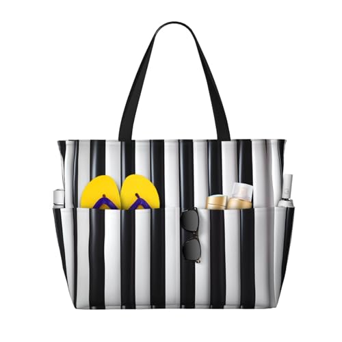 LiuMng Strandtasche mit großem Fassungsvermögen, bedruckt, wasserdicht, gestreift, mit mehreren Taschen, für Urlaub, Fitnessstudio, Damen von LiuMng