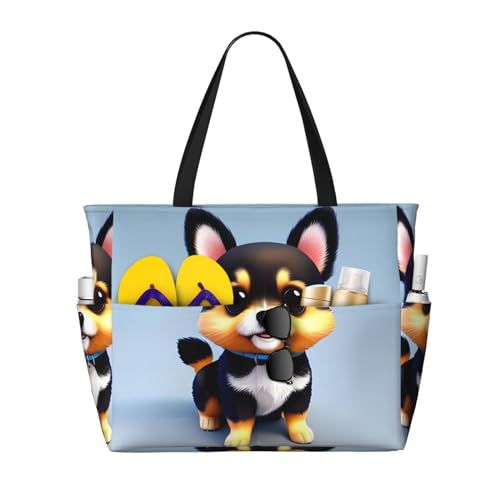 LiuMng Strandtasche mit großem Fassungsvermögen, bedruckt, wasserdicht, mit Karte, Liebe, ausgefallener Welpe, Tragetasche mit mehreren Taschen für Urlaub, Fitnessstudio, Damen von LiuMng