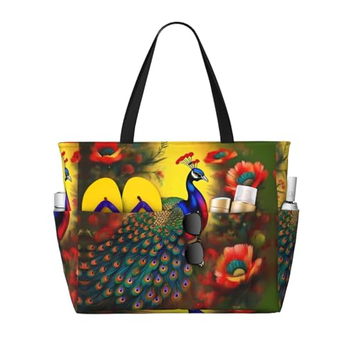 LiuMng Strandtasche mit großem Fassungsvermögen, bedruckt, wasserdicht, mit Pfauenblumen, Tragetasche mit mehreren Taschen, für Urlaub, Fitnessstudio, Damen, Schwarz, Einheitsgröße LiuMng Strandtasche mit großem Fassungsvermögen, bedruckt, wasserdicht, mit Pfauenblumen, Tragetasche mit mehreren Taschen, für Urlaub, Fitnessstudio, Damen, Schwarz, Einheitsgröße von LiuMng