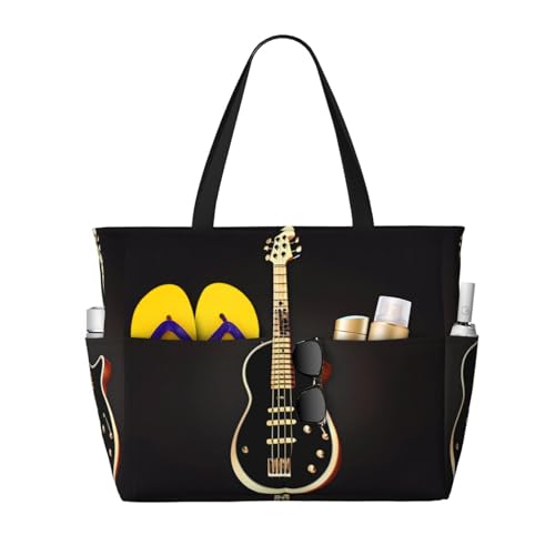 LiuMng Strandtasche mit großem Fassungsvermögen, bedruckt, wasserdicht, schwarze Gitarre, Tragetasche mit mehreren Taschen, für Urlaub, Fitnessstudio, Damen, Schwarz, Einheitsgröße LiuMng Strandtasche mit großem Fassungsvermögen, bedruckt, wasserdicht, schwarze Gitarre, Tragetasche mit mehreren Taschen, für Urlaub, Fitnessstudio, Damen, Schwarz, Einheitsgröße von LiuMng