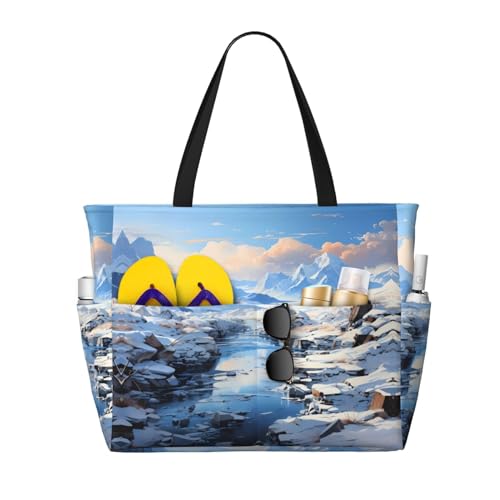 LiuMng Strandtasche mit großem Fassungsvermögen, bedruckt, wasserdicht, verschneite Berglandschaft, mehrere Taschen, Tragetasche für Urlaub, Fitnessstudio, Damen LiuMng Strandtasche mit großem Fassungsvermögen, bedruckt, wasserdicht, verschneite Berglandschaft, mehrere Taschen, Tragetasche für Urlaub, Fitnessstudio, Damen von LiuMng