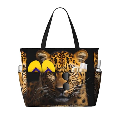 LiuMng Strandtasche mit großem Fassungsvermögen, bedruckt, wasserdichte Reisetasche, Leopardenmuster, mehrere Taschen, für Urlaub, Fitnessstudio, Damen, Schwarz, Einheitsgröße von LiuMng