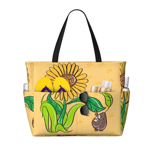 LiuMng Strandtasche mit großem Fassungsvermögen, bedruckt, wasserdichte Reisetasche, Sonnenblumenkerne und Sonnenblumen, Tragetasche mit mehreren Taschen für Urlaub, Fitnessstudio, Damen von LiuMng
