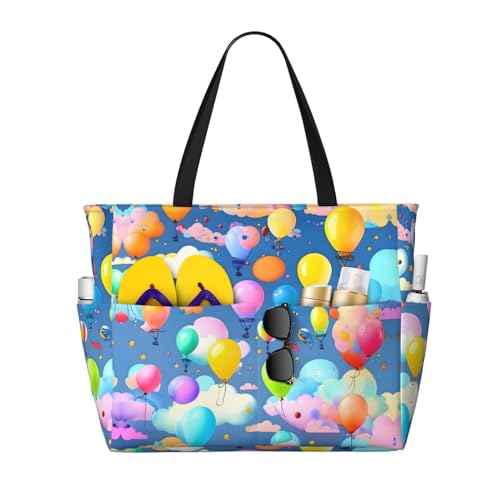 LiuMng Strandtasche mit großem Fassungsvermögen, bedruckt, wasserdichte Reisetasche, bunte Luftballons, mehrere Taschen, Tragetasche für Urlaub, Fitnessstudio, Damen, Schwarz, Einheitsgröße von LiuMng