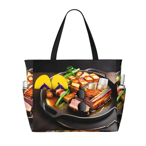 LiuMng Strandtasche mit großem Fassungsvermögen, bedruckt, wasserdichte Reisetasche, leckeres Grillfleisch, mehrere Taschen, Tragetasche für Urlaub, Fitnessstudio, Damen von LiuMng