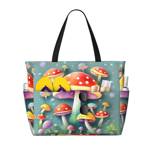 LiuMng Strandtasche mit großem Fassungsvermögen, bedruckt, wasserdichte Reisetasche, niedliche farbige Pilze, mehrere Taschen, Tragetasche für Urlaub, Fitnessstudio, Damen von LiuMng