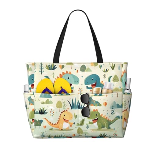 LiuMng Strandtasche mit großem Fassungsvermögen, bedruckt, wasserdichte Reisetasche, niedlicher kleiner Dinosaurier, Tragetasche mit mehreren Taschen, für Urlaub, Fitnessstudio, Damen, Schwarz von LiuMng