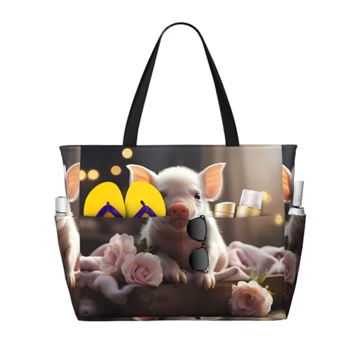LiuMng Strandtasche mit großem Fassungsvermögen, bedruckt, wasserdichte Reisetasche, niedliches junges Schwein, mehrere Taschen, Tragetasche für Urlaub, Fitnessstudio, Frauen von LiuMng