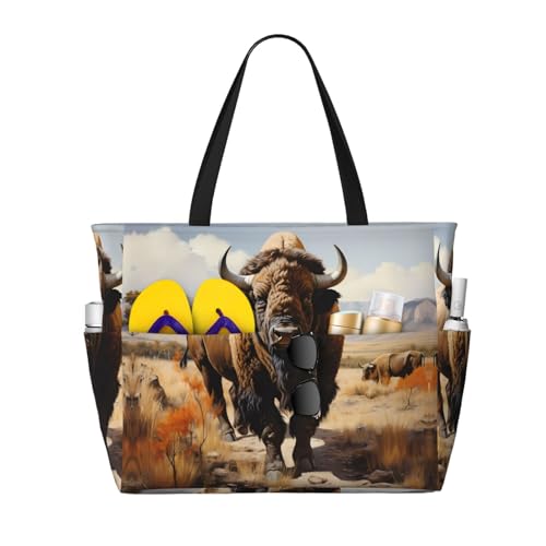 LiuMng Strandtasche mit großem Fassungsvermögen, bedruckt, wasserdichte Reisetasche, nordamerikanische Bisonherde, mehrere Taschen, Tragetasche für Urlaub, Fitnessstudio, Damen von LiuMng