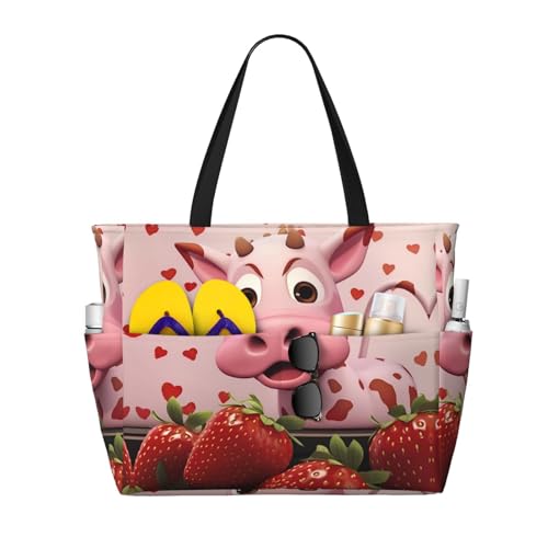 LiuMng Strandtasche mit großem Fassungsvermögen, bedruckt, wasserdichte Reisetasche, rosa Kuh mit Erdbeeren, Tragetasche mit mehreren Taschen, für Urlaub, Fitnessstudio, Damen von LiuMng