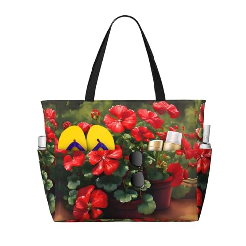 LiuMng Strandtasche mit großem Fassungsvermögen, bedruckt, wasserdichte Reisetasche, rote Geranien, mehrere Taschen, Tragetasche für Urlaub, Fitnessstudio, Damen von LiuMng