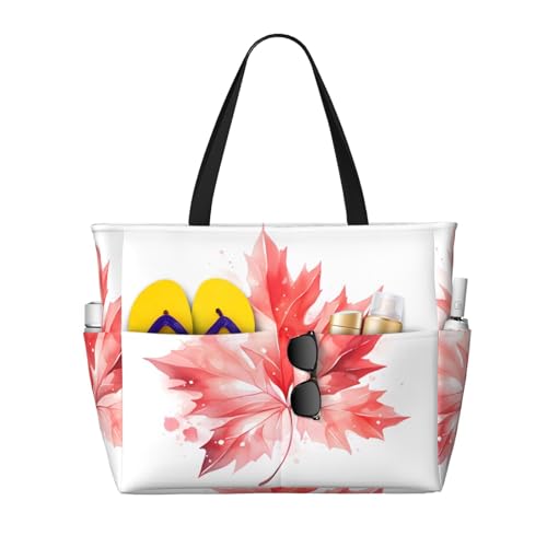 LiuMng Strandtasche mit großem Fassungsvermögen, bedruckt, wasserdichte Reisetasche, rotes Ahornblatt, Tragetasche mit mehreren Taschen für Urlaub, Fitnessstudio, Damen von LiuMng