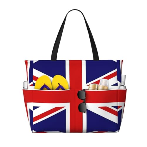 LiuMng Strandtasche mit großem Fassungsvermögen, bedruckt, wasserdichte Reisetasche mit UK-Flagge, mehrere Taschen, Tragetasche für Urlaub, Fitnessstudio, Damen von LiuMng
